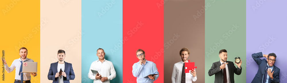 Set of different businessmen on colorful background