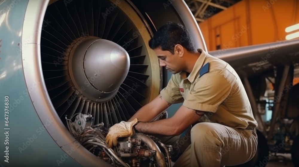 Young male mechanic repairing an airplane engine.