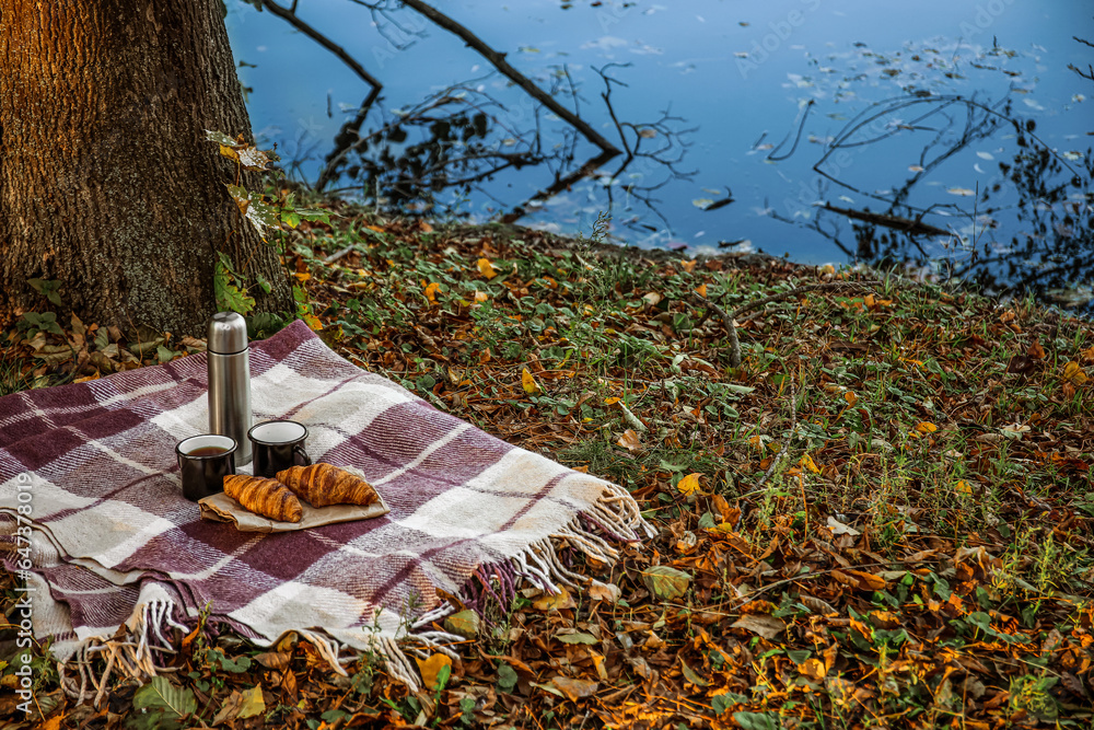 Thermos with cups of coffee and croissants on plaid in autumn park