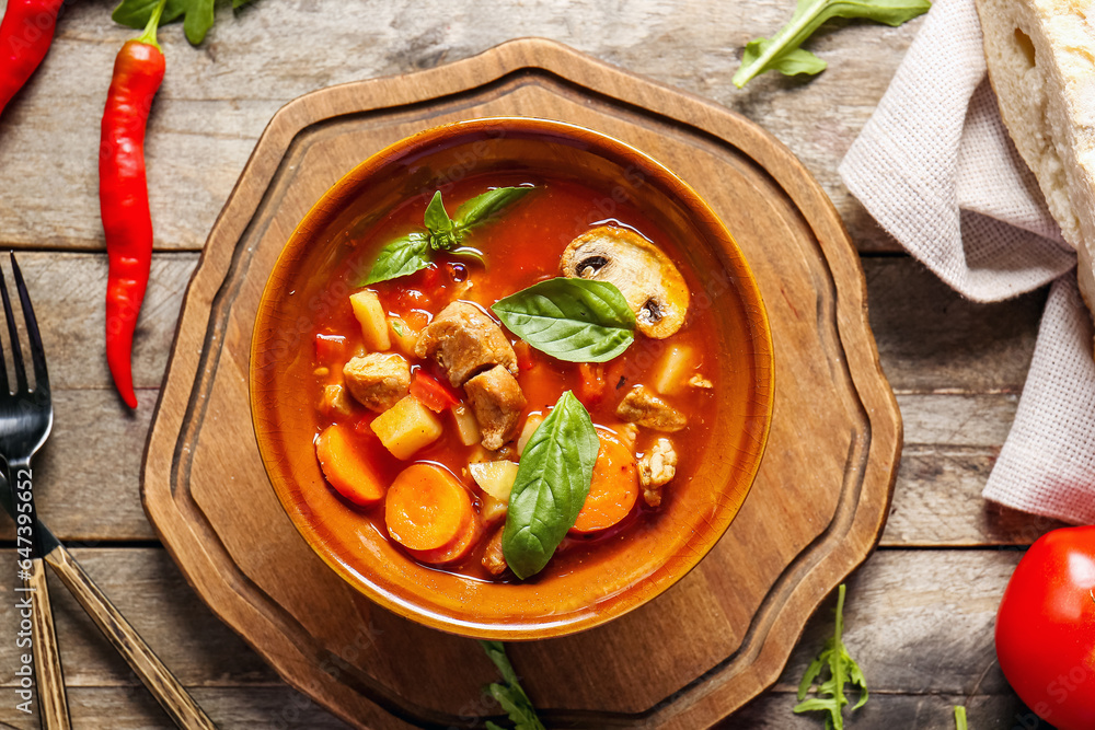 Bowl of tasty beef stew on wooden background