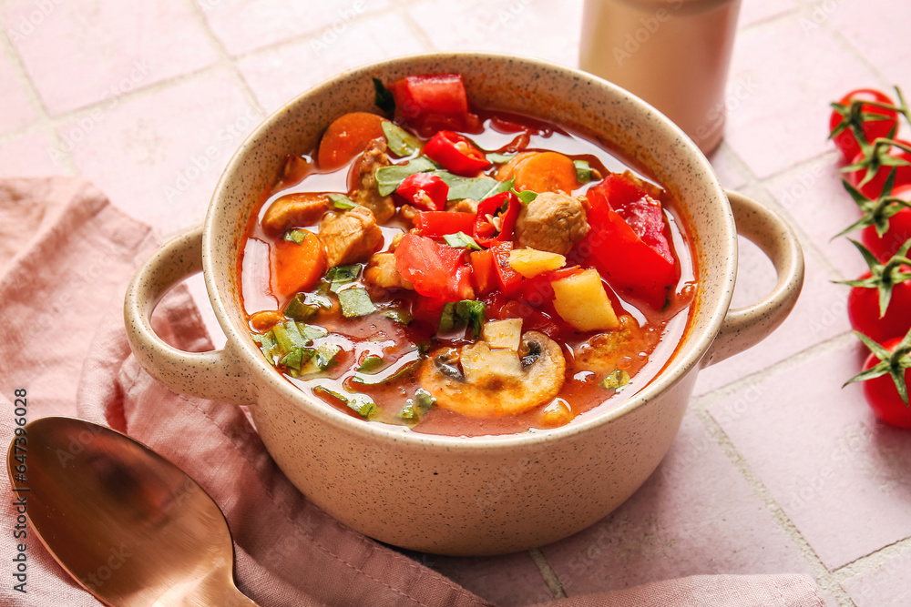 Pot of tasty beef stew on pink tile background