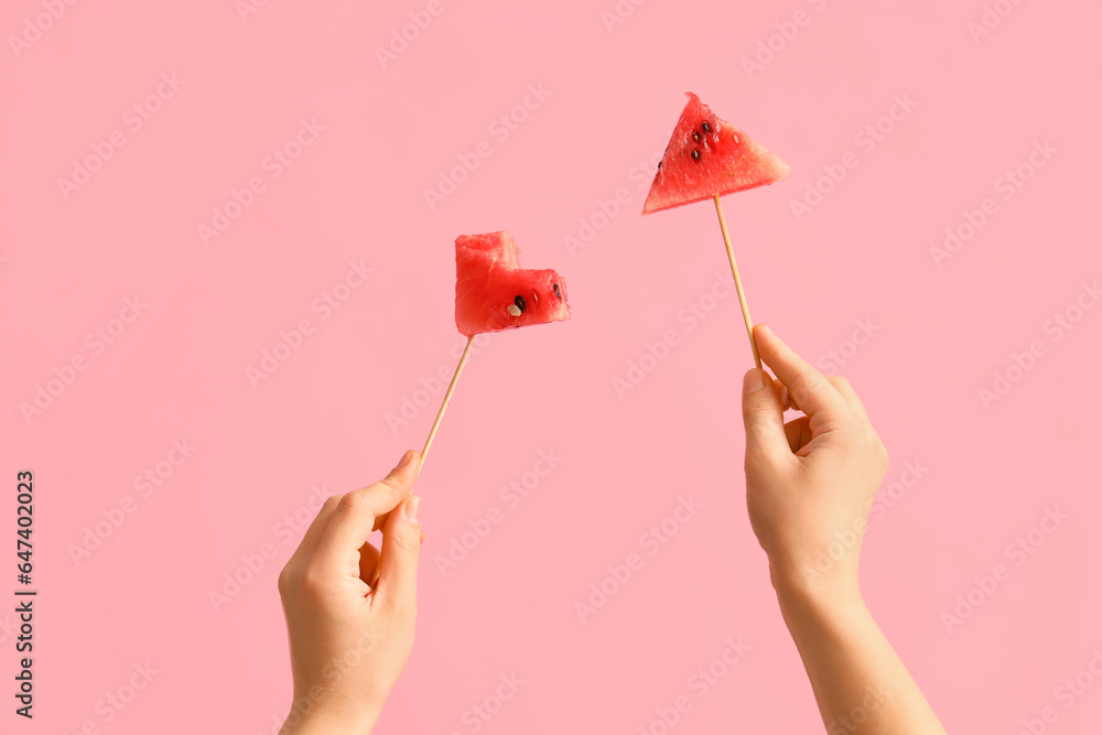 Female hands holding slices of fresh watermelon on sticks against pink background