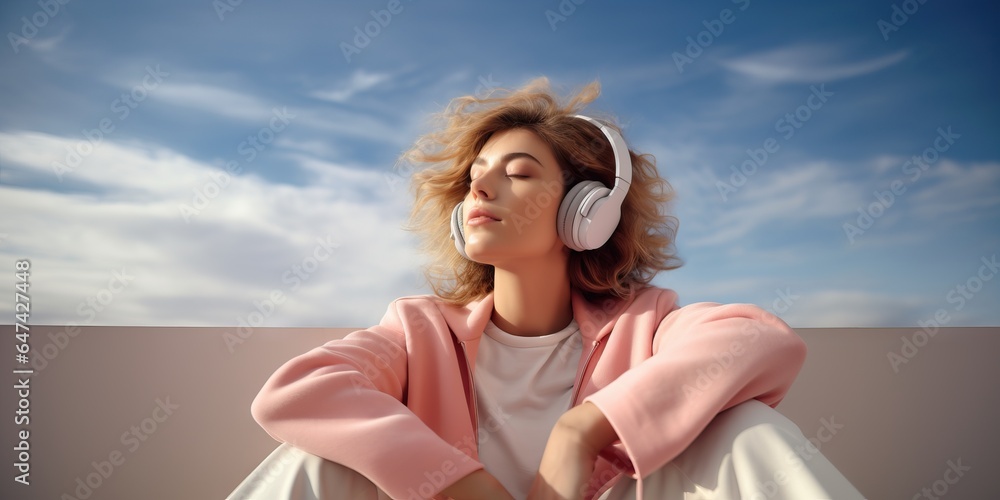 a girl on a walk listens to music