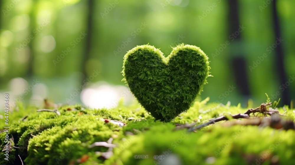 Moss heart at the forest, in the style of romantic and nostalgic themes