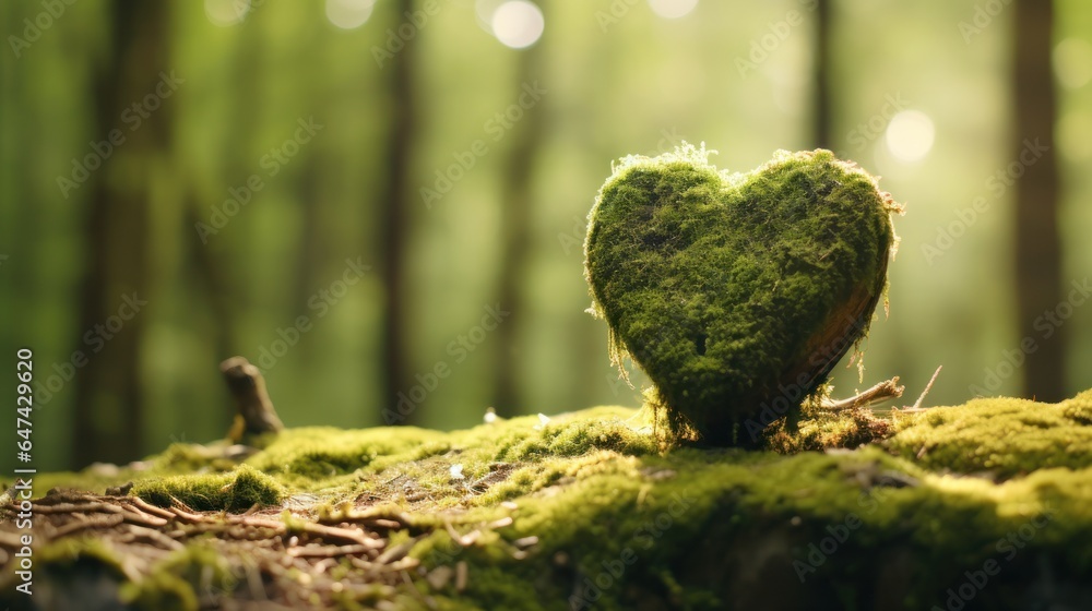 Moss heart at the forest, in the style of romantic and nostalgic themes