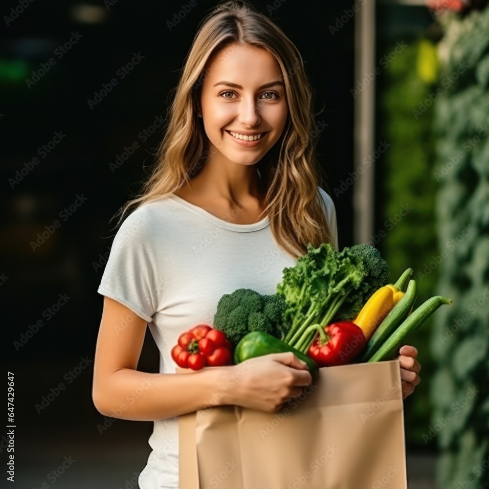 Woman with paper bag with vegetables