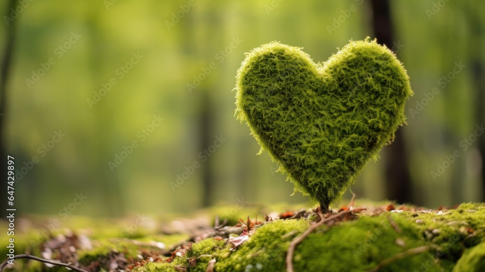 Moss heart at the forest, in the style of romantic and nostalgic themes