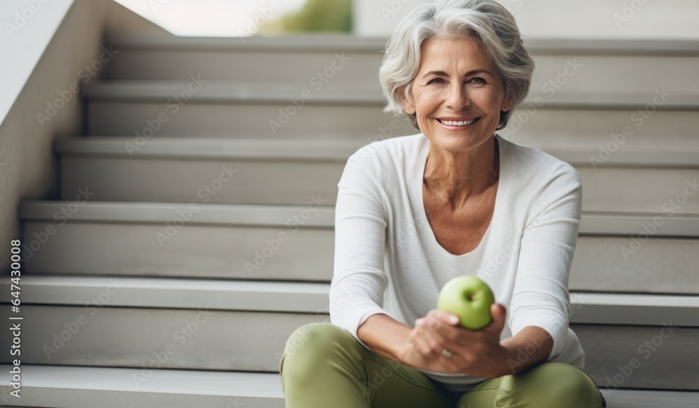 Woman sitting outdoors eating apple