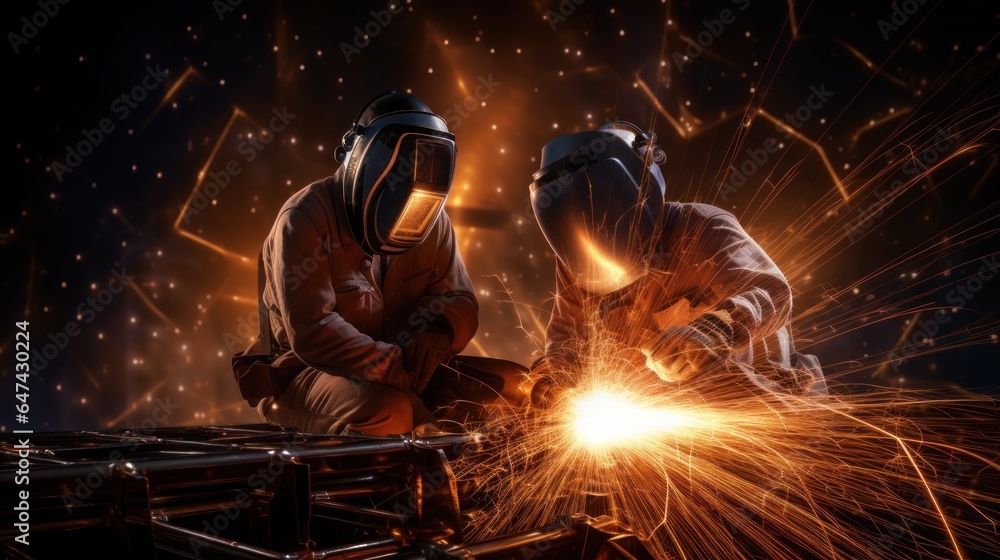 Workers are welding metal at an industrial factory