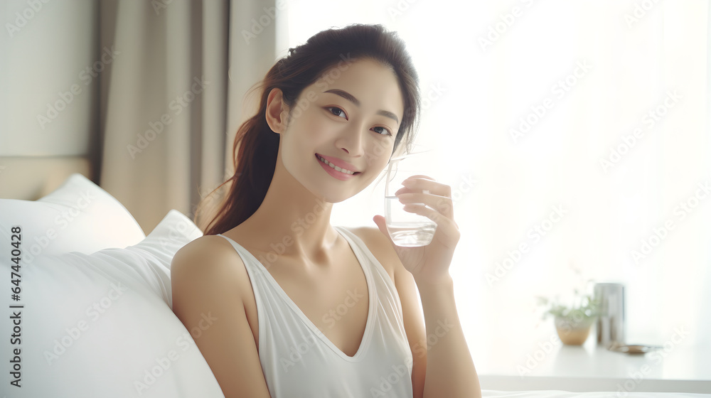 Asian young beautiful woman sitting on bed holding water of glass and drinking in the morning in bed