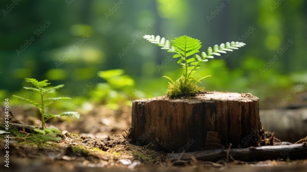 A rejuvenating sight of a young sapling growing out of a tree stump, signifying natures resilient re