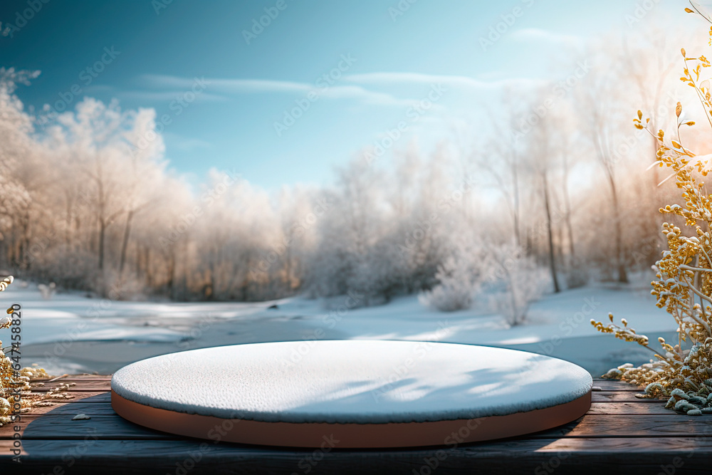 cylinder wooden podium pedestal in winter landscape