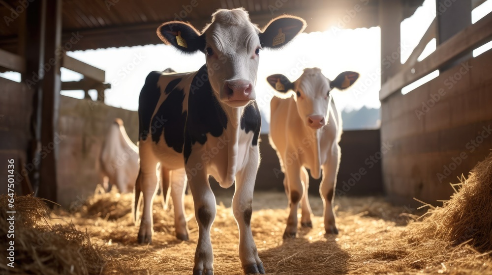 A cow with a small calf is standing in a cowshed.