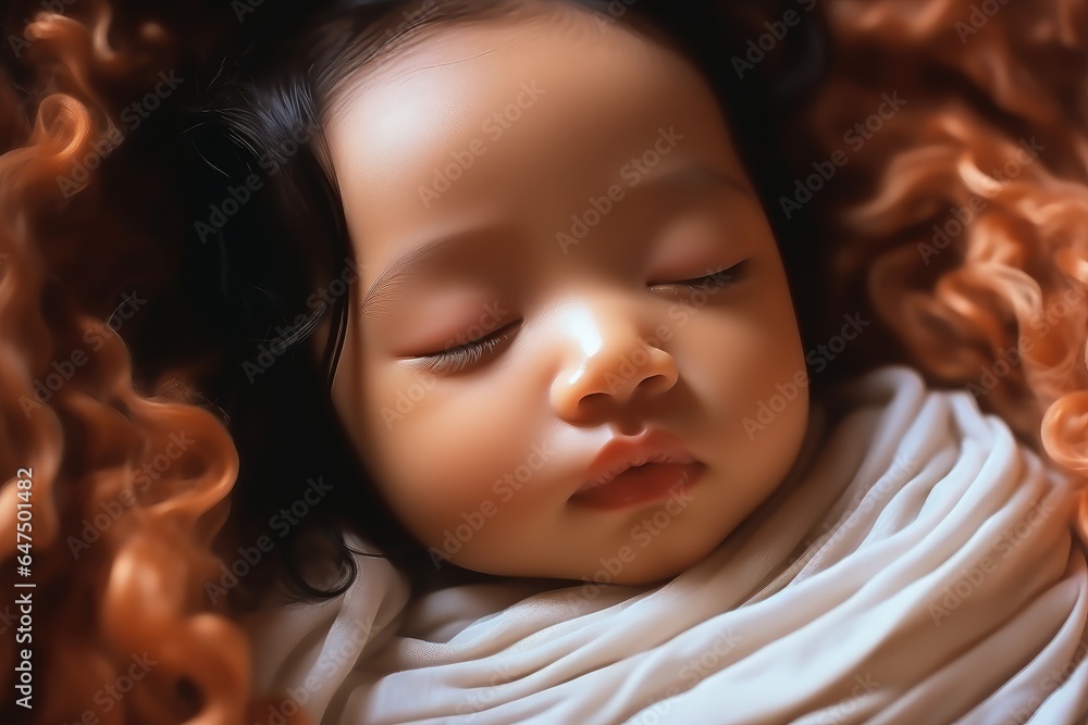 A cute Chinese baby sleeps with her eyes is closed.