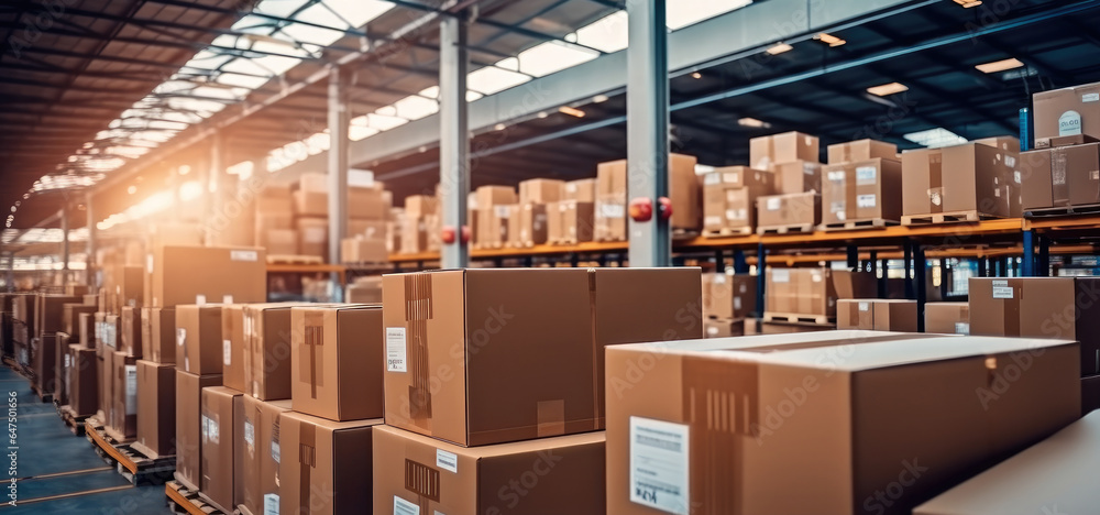 Distribution warehouse with a lot of shelves with cardboard boxes.