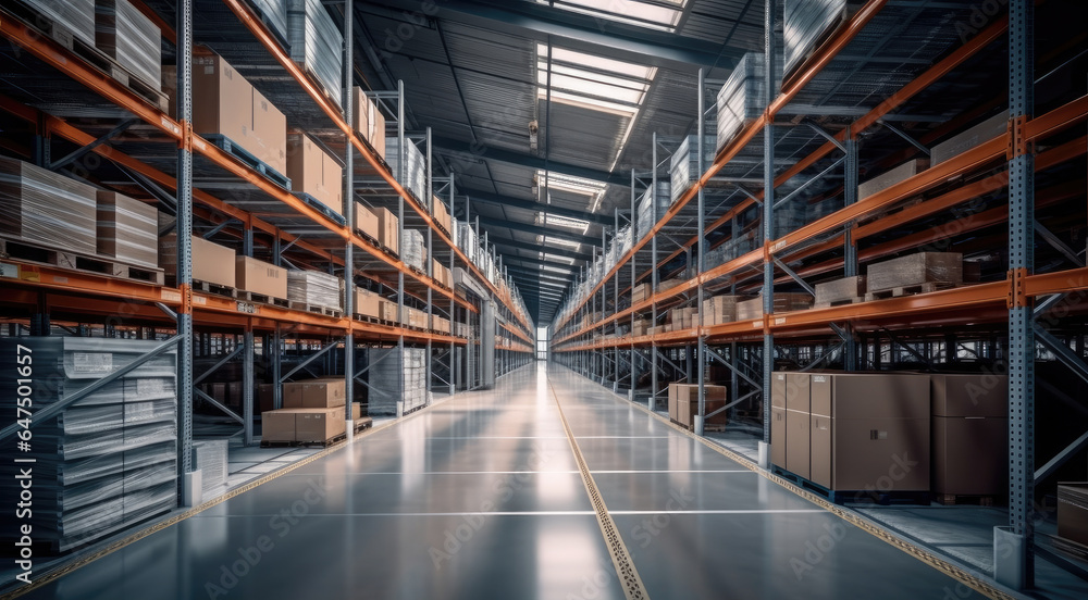 Logistics, Rows of shelves with boxes at large warehouse with numerous items, Inventory control, Ord