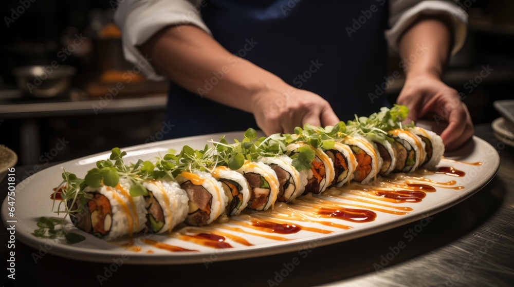 A sushi chef expertly rolling a dragon roll with precision at restaurant.