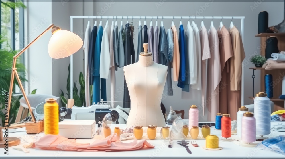 Fashion Design Studio, Tailors office, Dummy mannequin with fashion dress in the tailor shop.