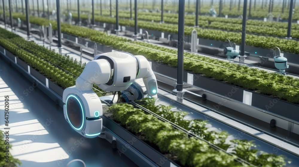 Smart farming and technology, AGV robot courier cars transporting hydroponics vegetable crates to st