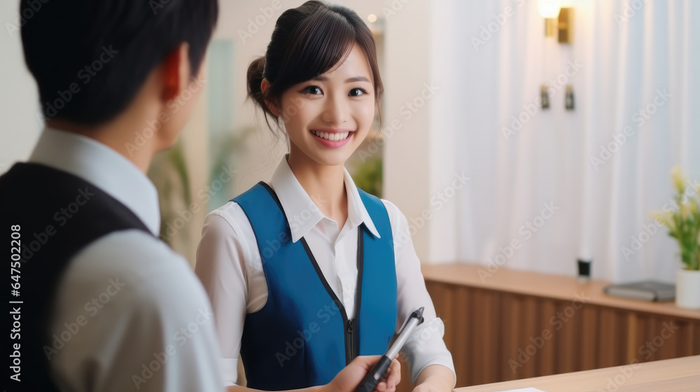 Asian female receptionist comes to ask for information about customers staying at the hotel.