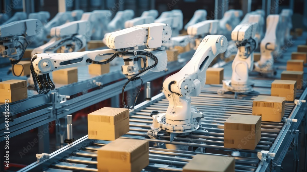 Distribution Warehouse With Automated Guided Vehicles And Robots Working On Conveyor Belt.