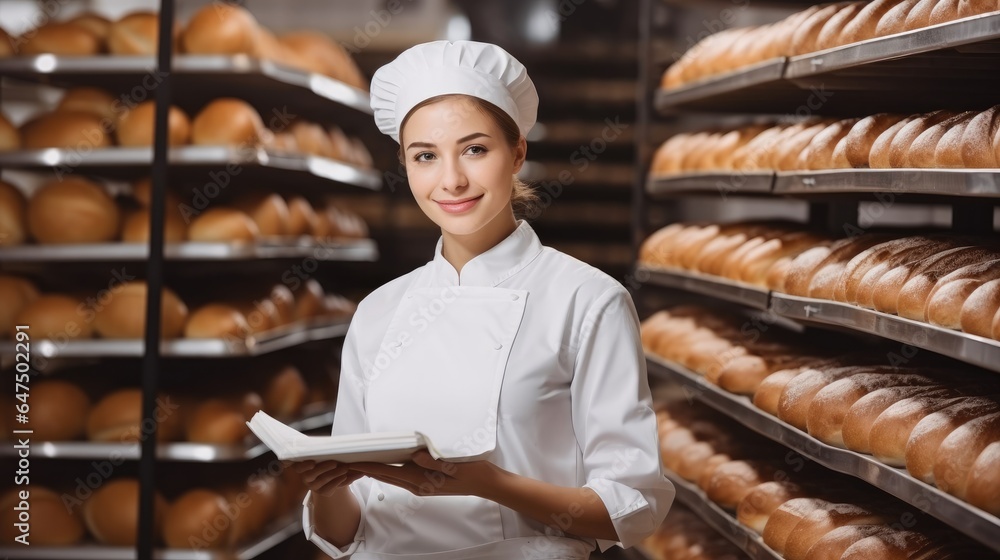 Woman in chef uniform control quality of bread in bakery factory.