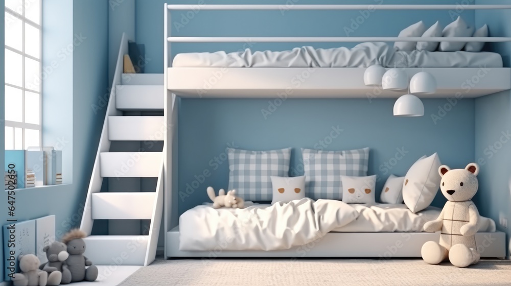 Children room with built-in bunk bed in blue pastel color background.