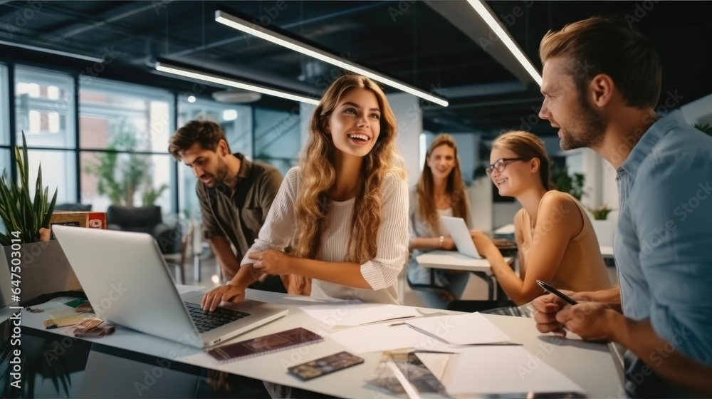 Business women talking to male colleague, informal meeting in office.