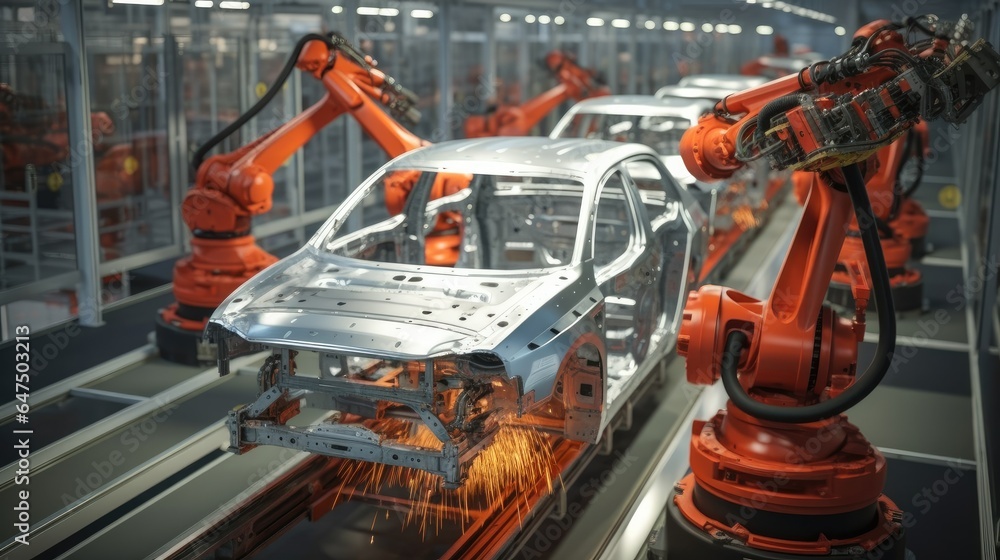 Car Industry, Digital generated welding robots with car body on production line in car factory.