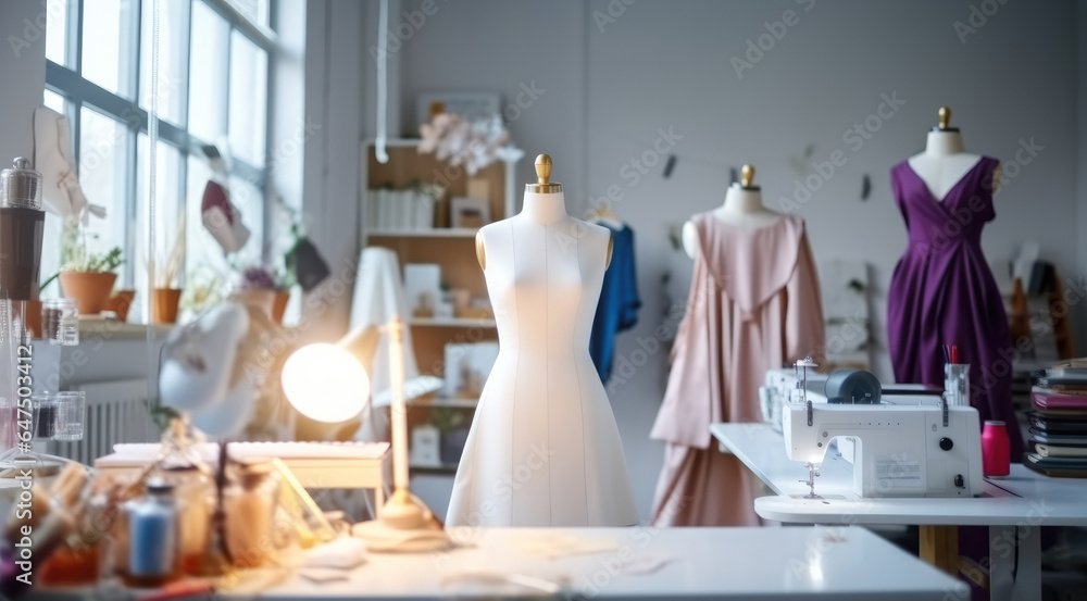 Mannequins Standing in studio with various Sewing Items and Colorful Fabrics Laying around, Fashion 