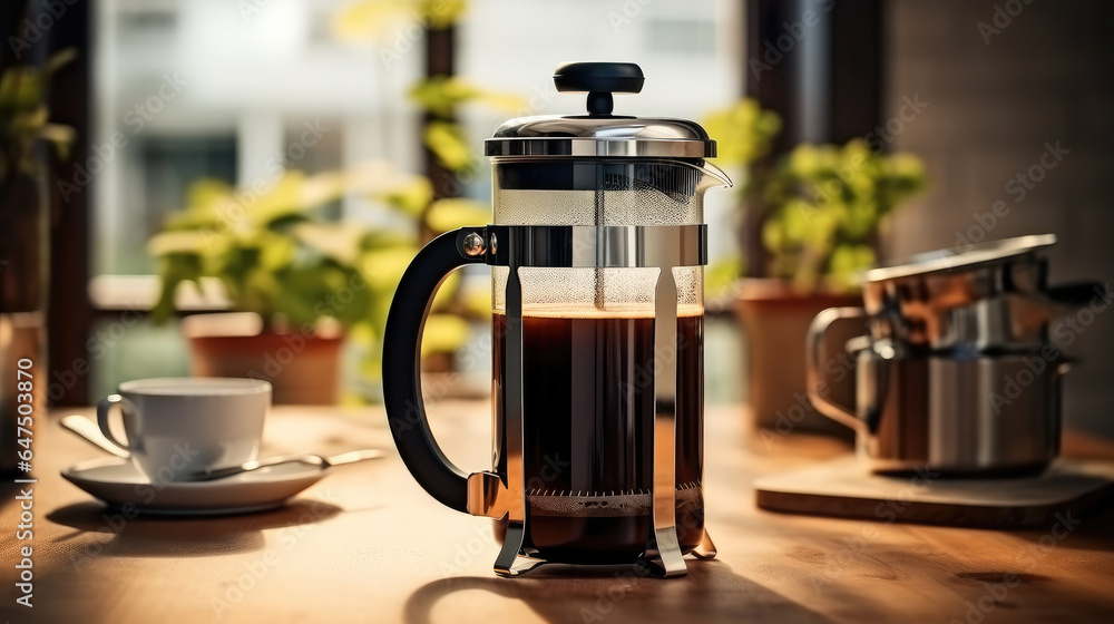 Coffee maker with black tea or espresso coffee on the kitchen.