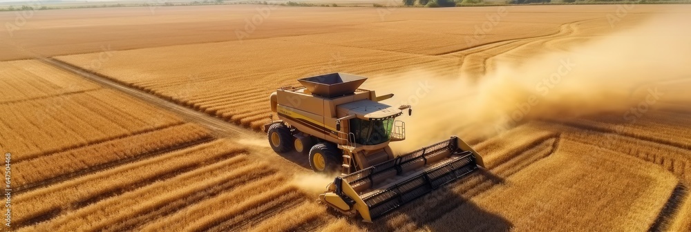 Harvesting machine in golden wheat field, Agriculture concept.