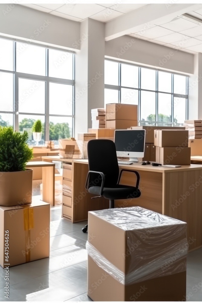 Office filled with cardboard boxes, Moving day.