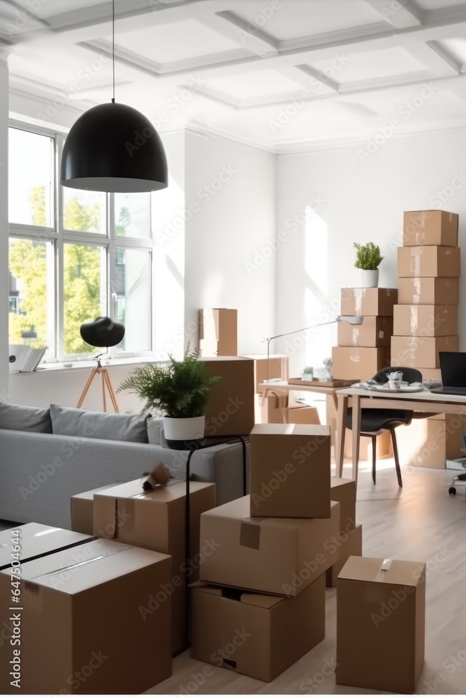 Cardboard boxes in new office, New business offices for startup.