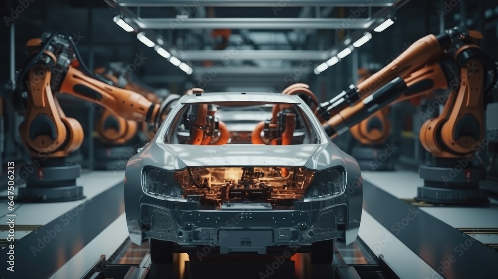 Industrial robots at the automatic car manufacturing factory assembly line.