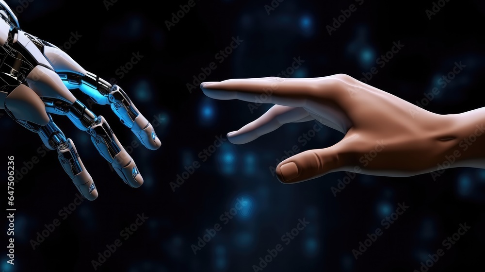 Robot hand close to touching a human hand on dark background, Business communication and Innovation 