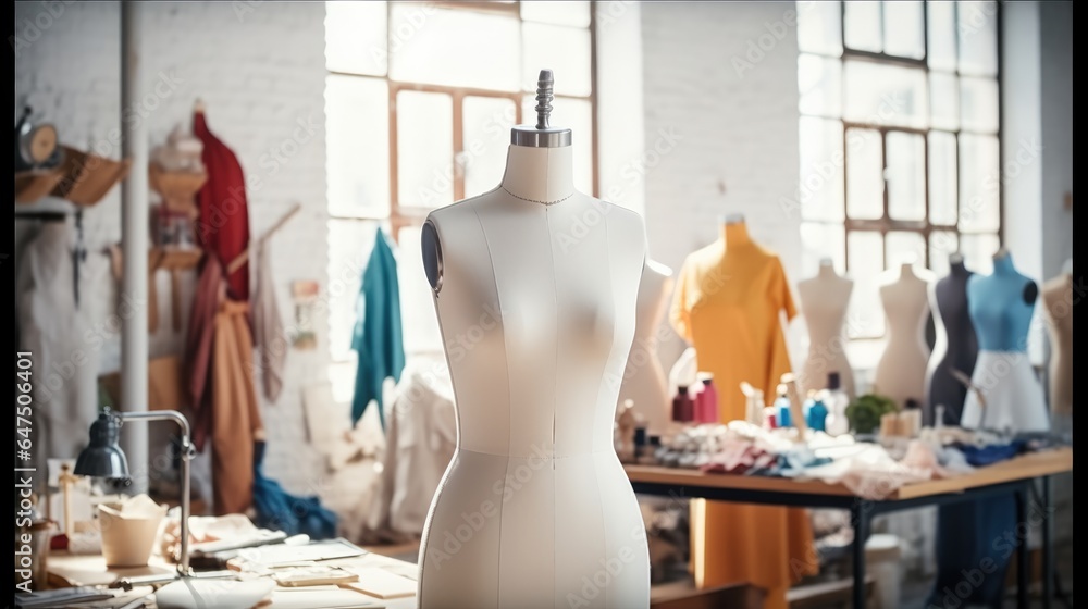 Dummy mannequin with fashion dress in the tailor shop, design, Dressmaking concept.