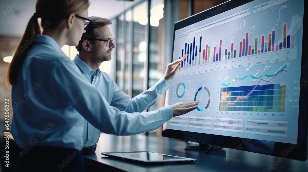 Male And Female Data Scientists With Big Digital Screen With Graphs And Charts In Monitoring Office.