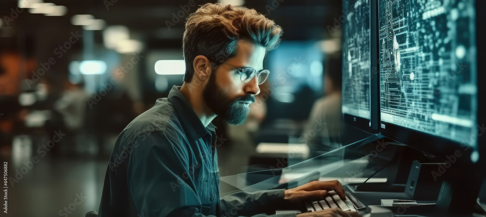 Male system security specialist working on computer at system control center.