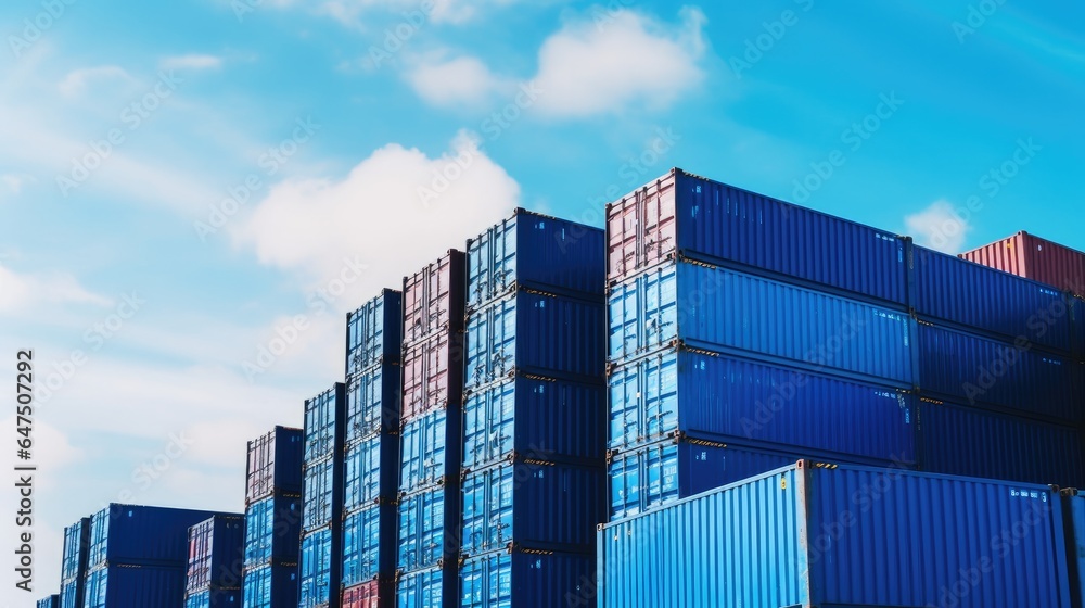 Stack of blue container boxes at cargo station freight shipping for import and export logistics, Bus