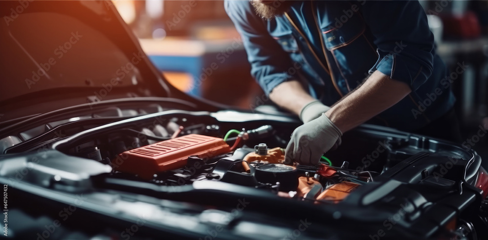 Technician of car mechanic are working in auto repair, Service electric battery and maintenance of c