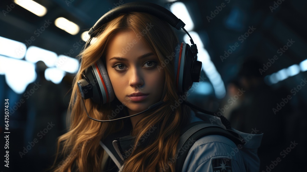 A girl wear headphones in a serious uniform, Tense working atmosphere.