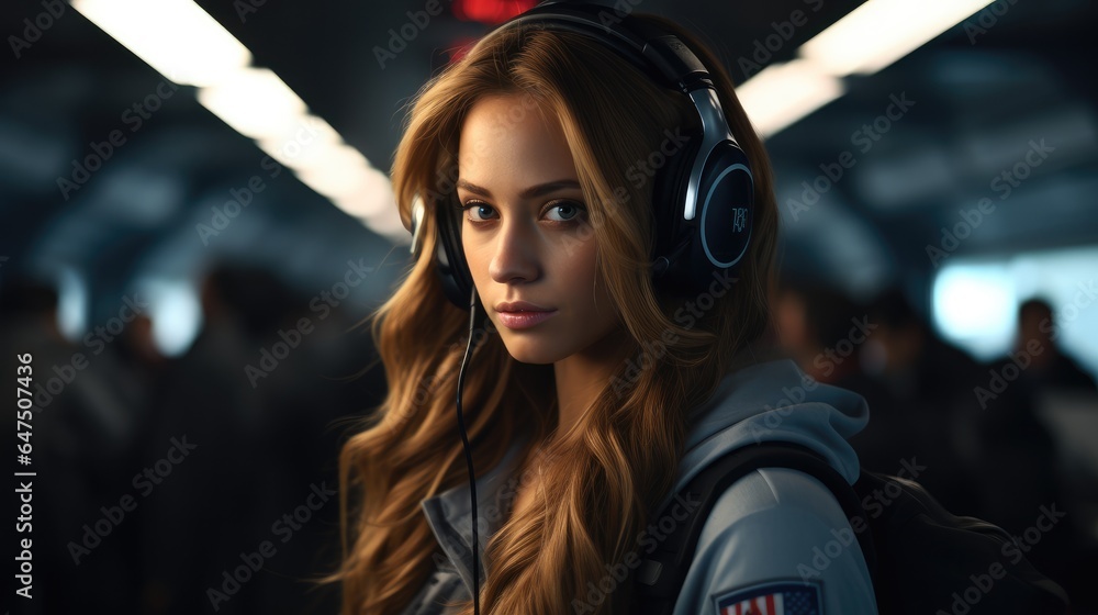 A girl wear headphones in a serious uniform, Tense working atmosphere.