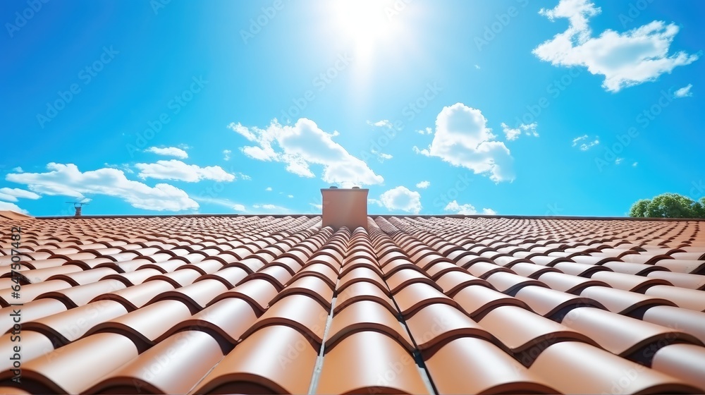 New Roof, Close-up of red roof tiles against blue sky.