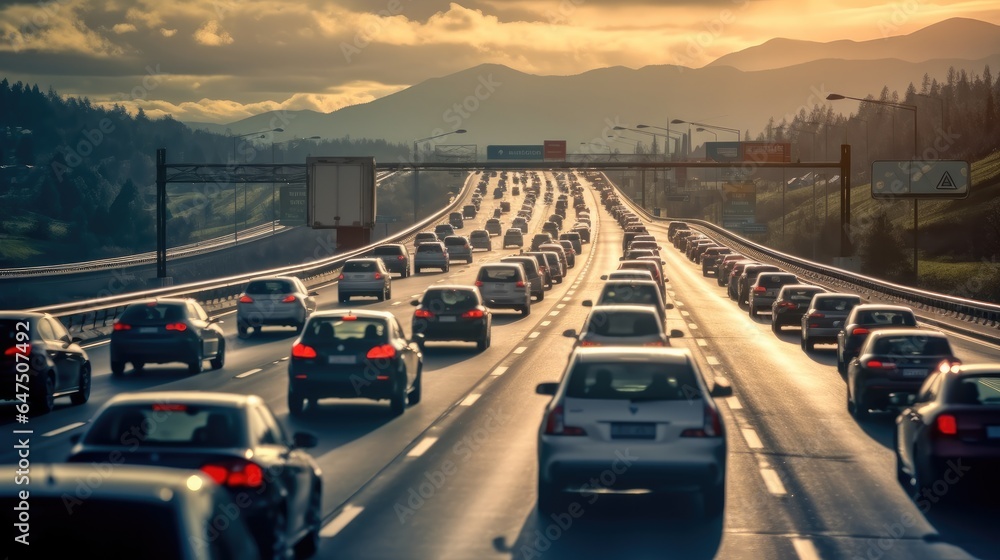 Cars in rush hour with traffic at dawn.