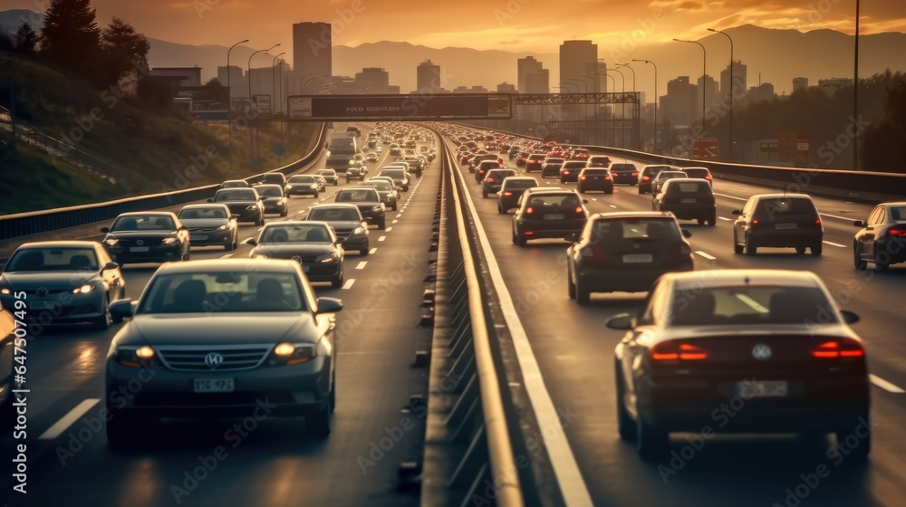 Cars in rush hour with traffic at dawn.