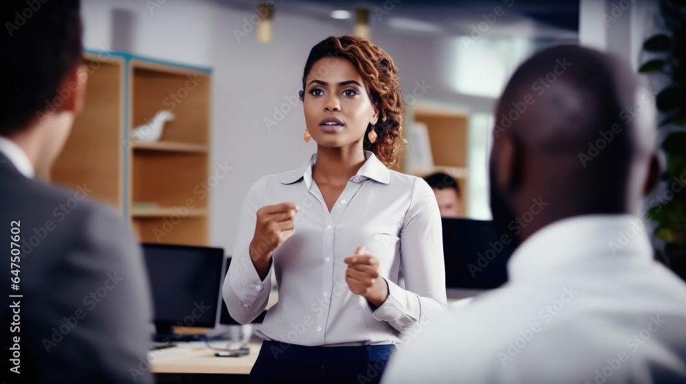 Woman Giving Office Group Training Presentation at office, Company management on a meeting.