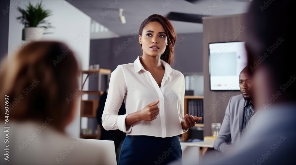 Woman Giving Office Group Training Presentation at office, Company management on a meeting.