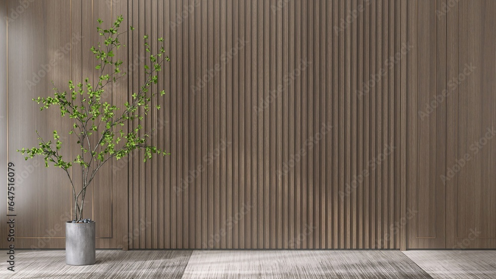 Tropical green bamboo tree in white pot in sunlight, shadow on blank wood panelling wall, gray carpe