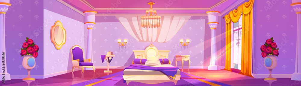 Princess bedroom interior - royal castle girly room for sleeping and relaxing with big bed, mirror o